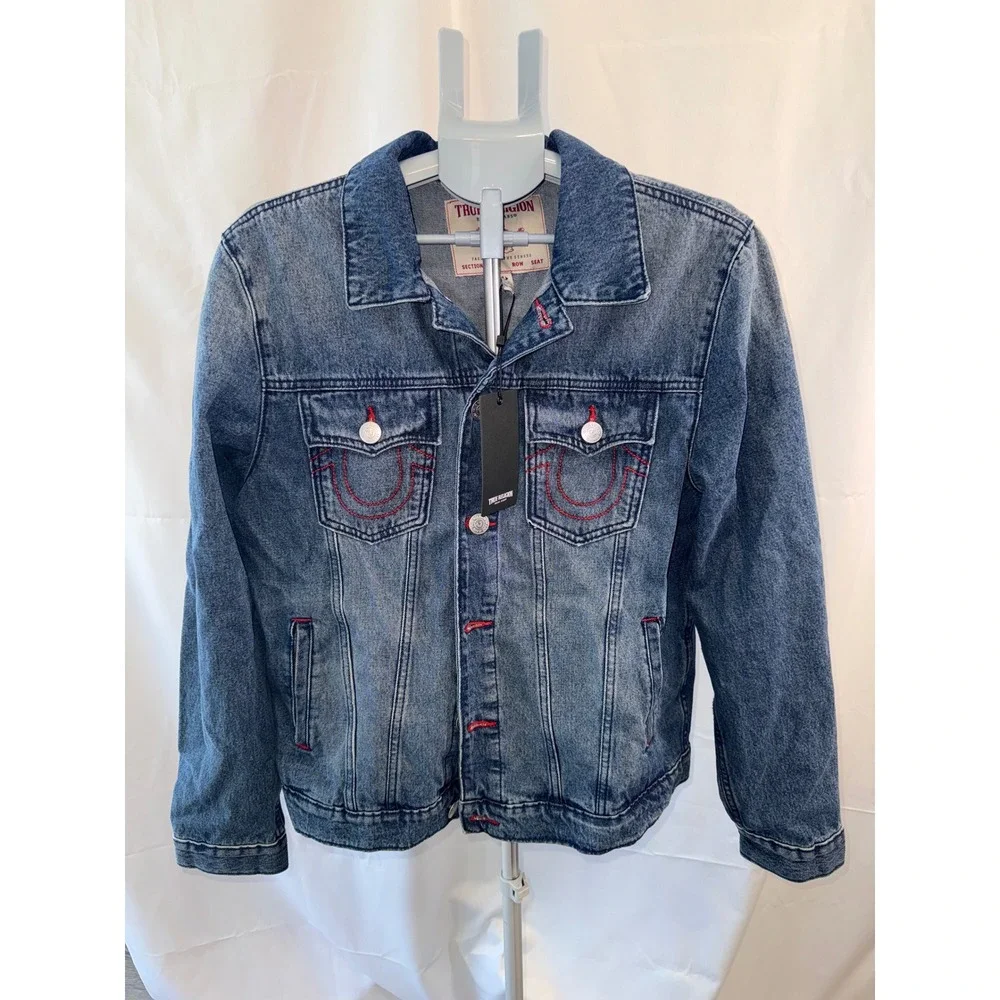 True Religion Mens Denim Trucker Jacket Blue Red Horseshoe Logo World Tour siz M